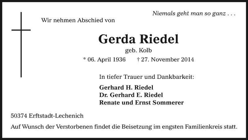  Traueranzeige für Gerda Riedel vom 03.12.2014 aus Köln - Wir Trauern